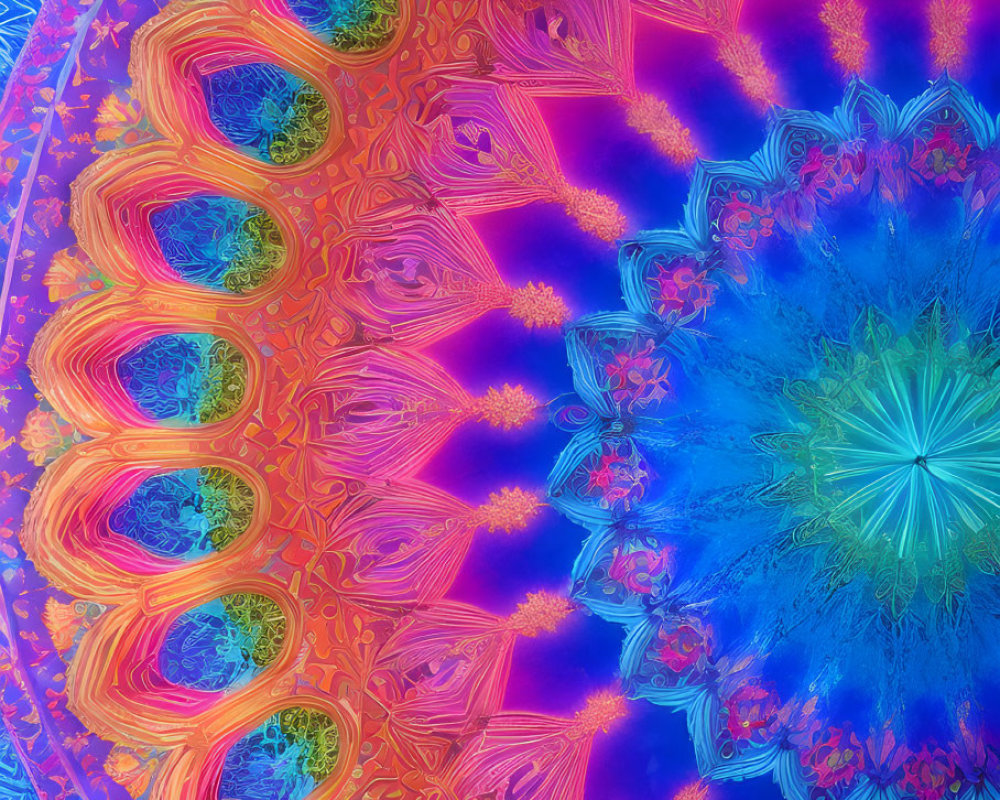 Colorful fractal art with peacock feather patterns in blue, orange, and pink.