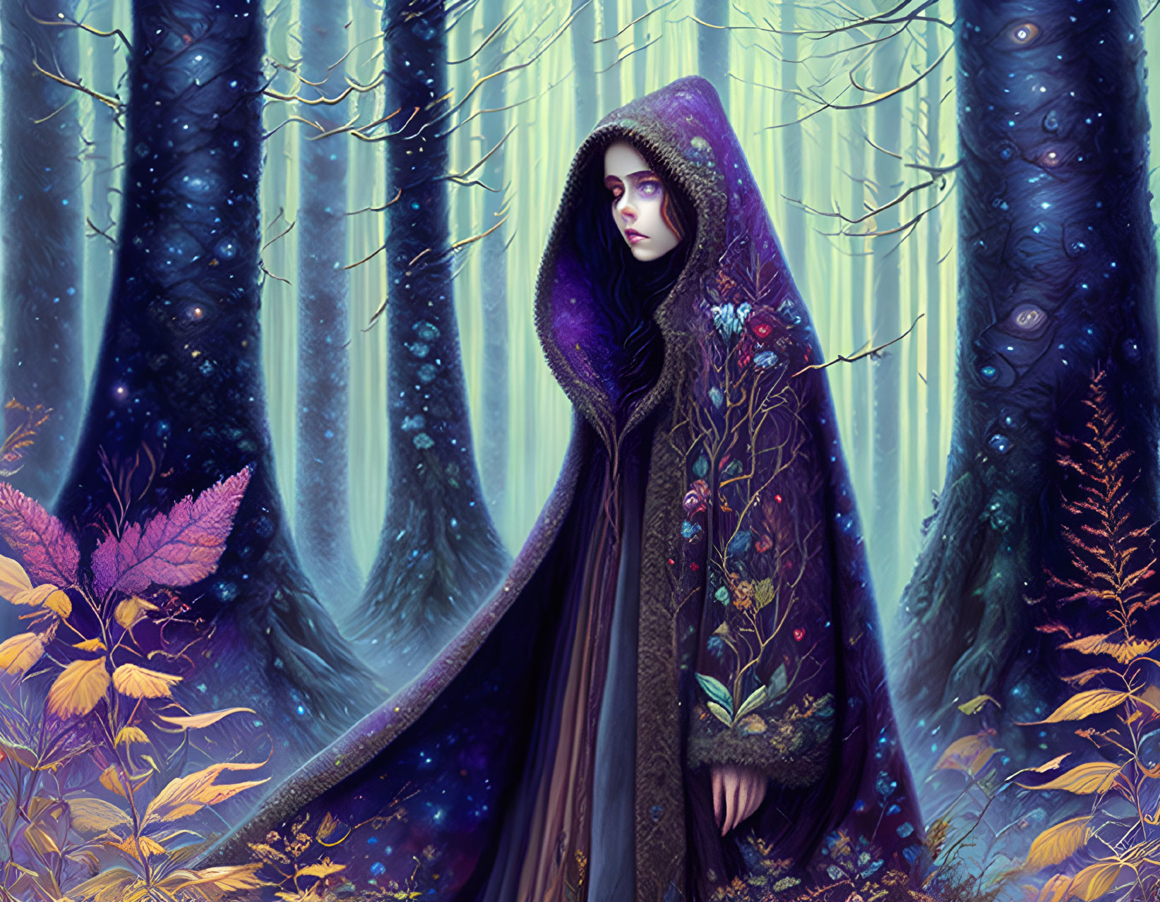 Mystical figure in purple cloak in vibrant enchanted forest