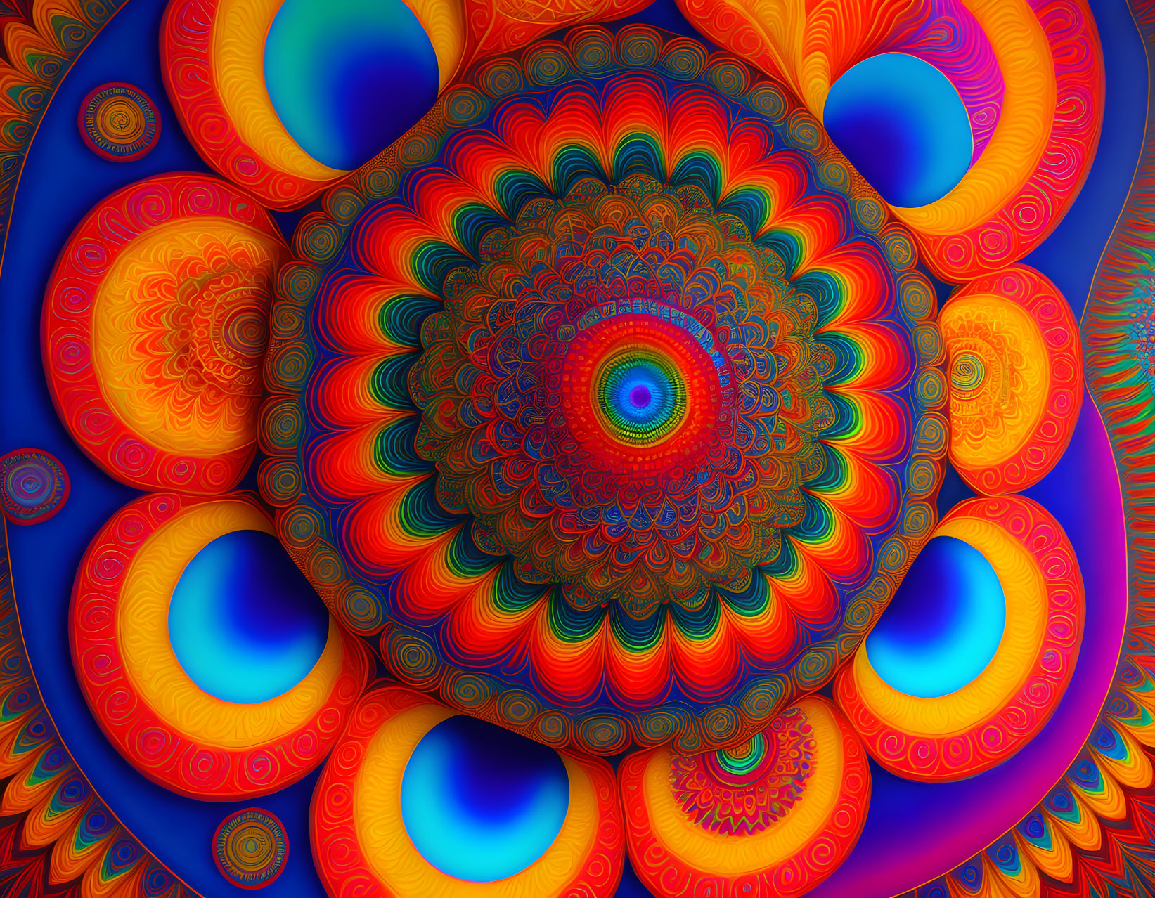 Colorful Symmetrical Mandala Fractal Image with Blue to Red Spectrum