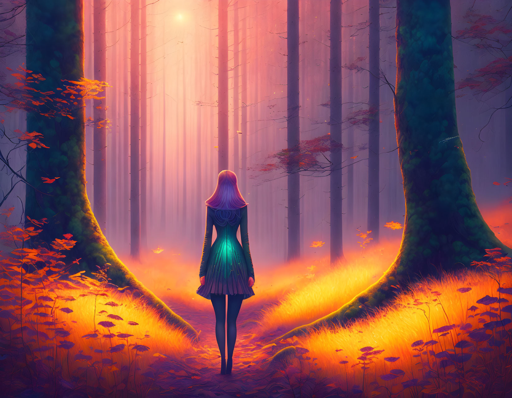 Woman in vibrant forest with tall trees and mystical orange light