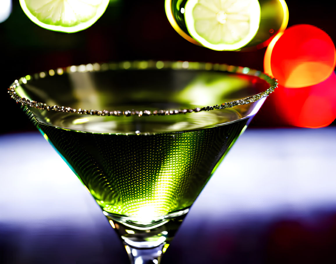 Martini glass with sugared rim and lime slices under vibrant bokeh lights