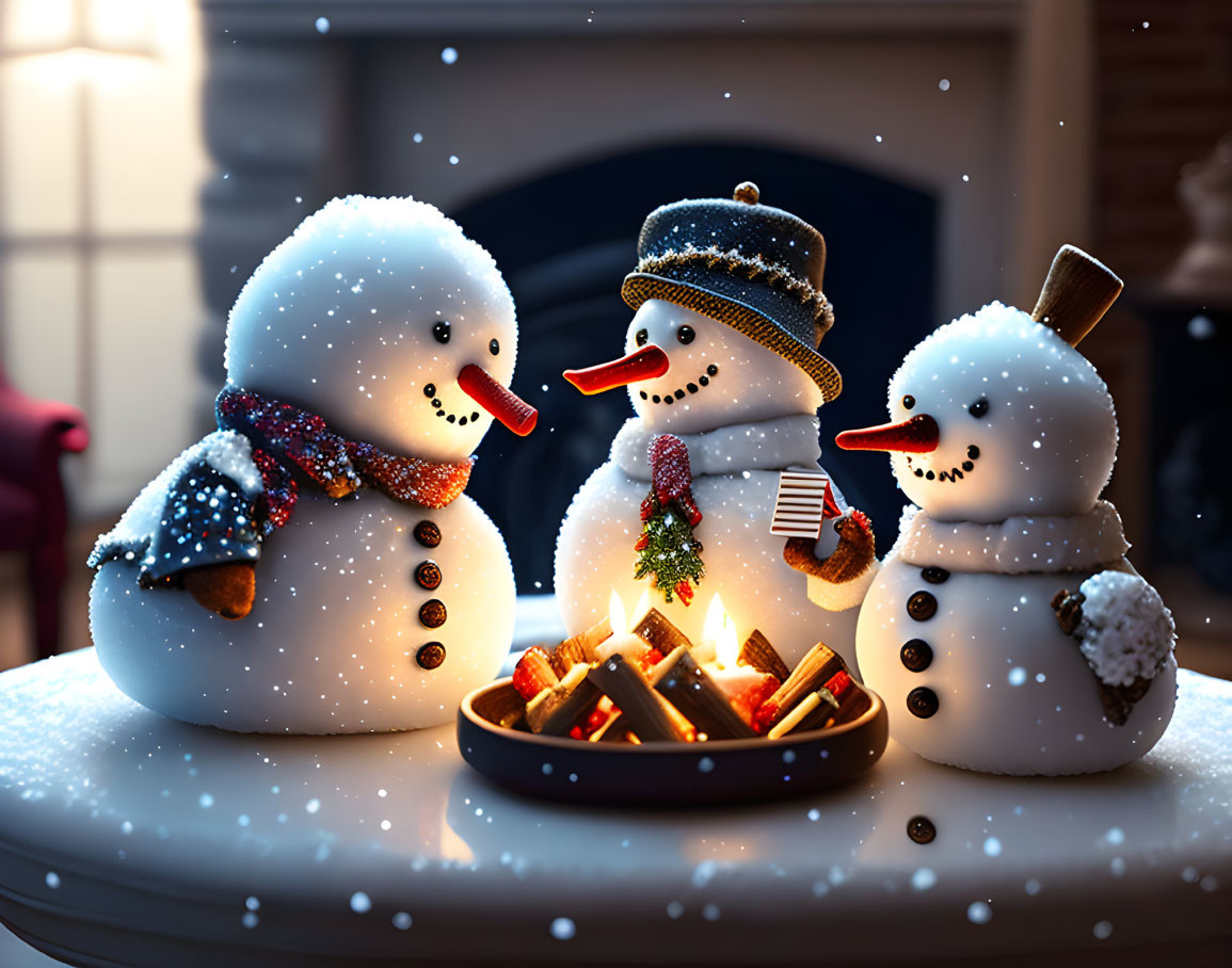 Snowmen with hats and scarves by a fire in cozy room