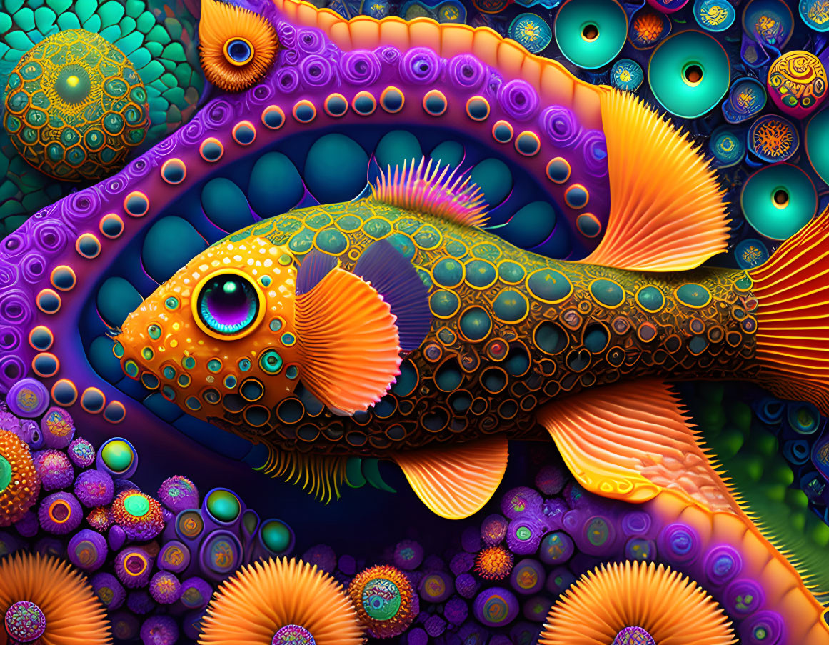 Colorful Digital Artwork: Stylized Orange Fish with Intricate Patterns