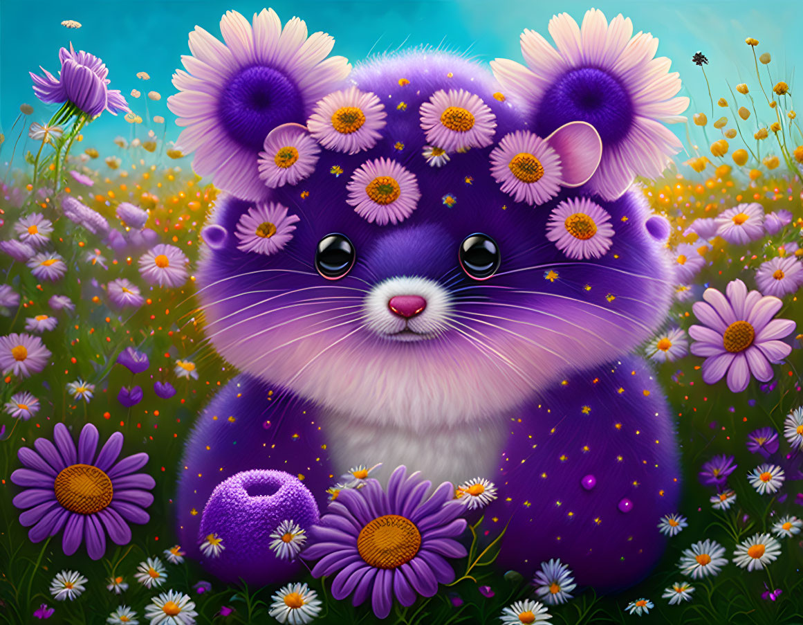 Purple fluffy creature in floral meadow illustration.