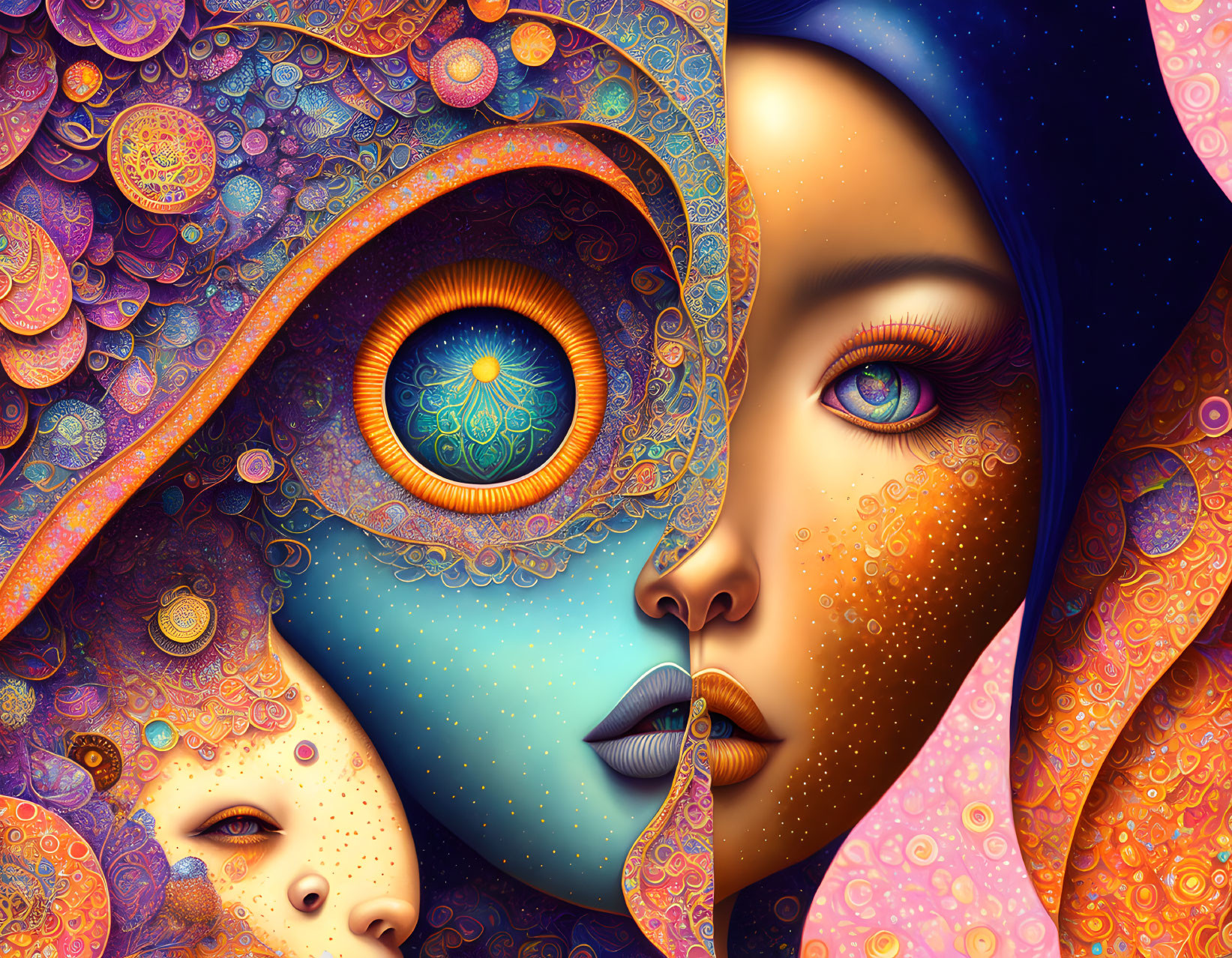 Colorful Psychedelic Illustration of Two Female Faces with Intricate Patterns