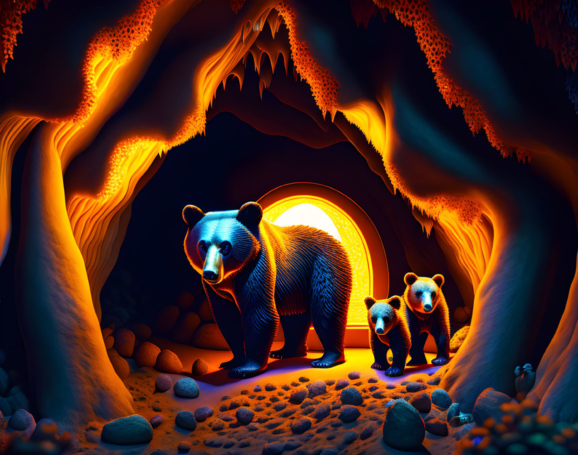 Illustration of mother bear and cubs in glowing cave