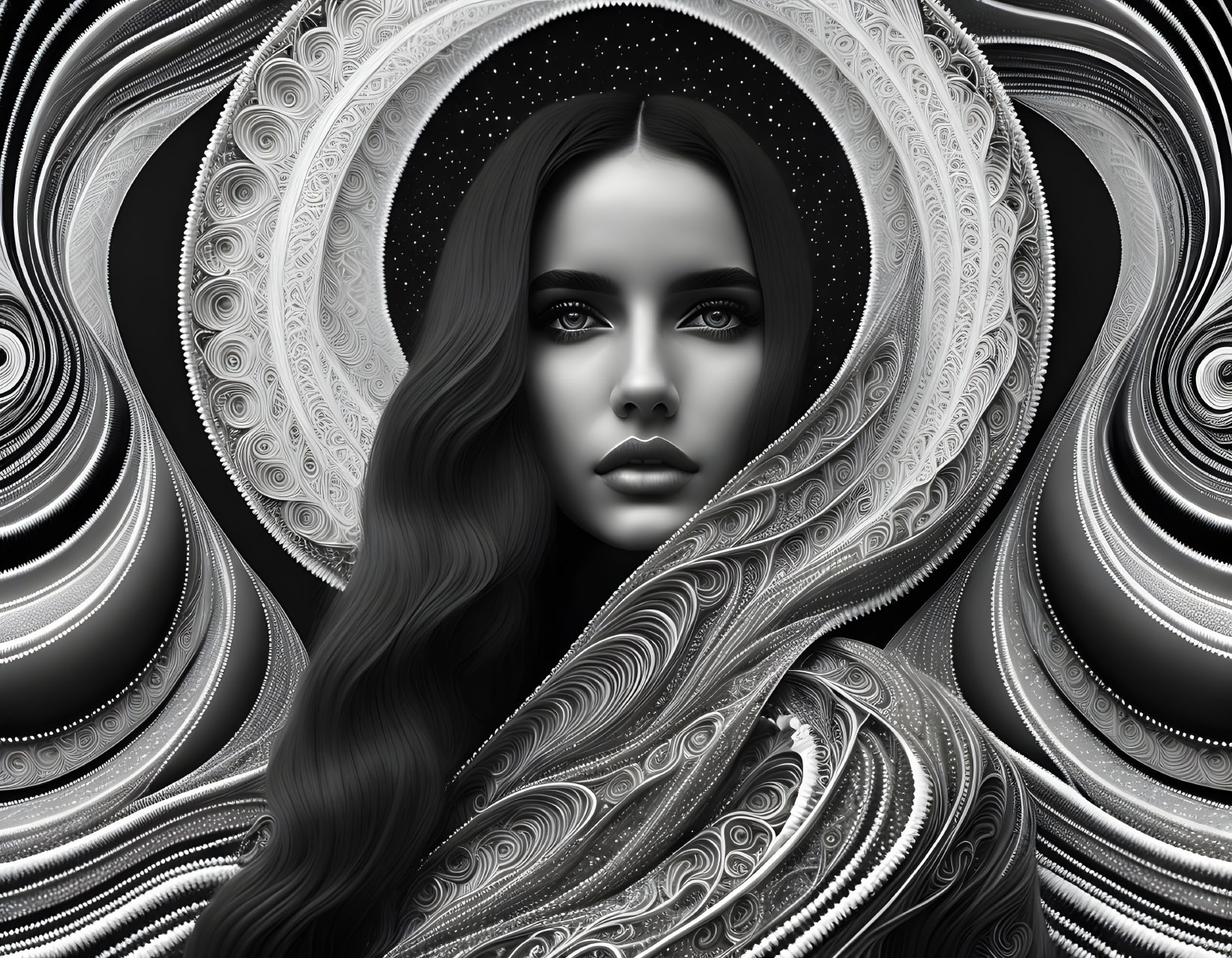 Monochromatic surreal portrait of a woman with flowing hair and intricate swirling patterns.