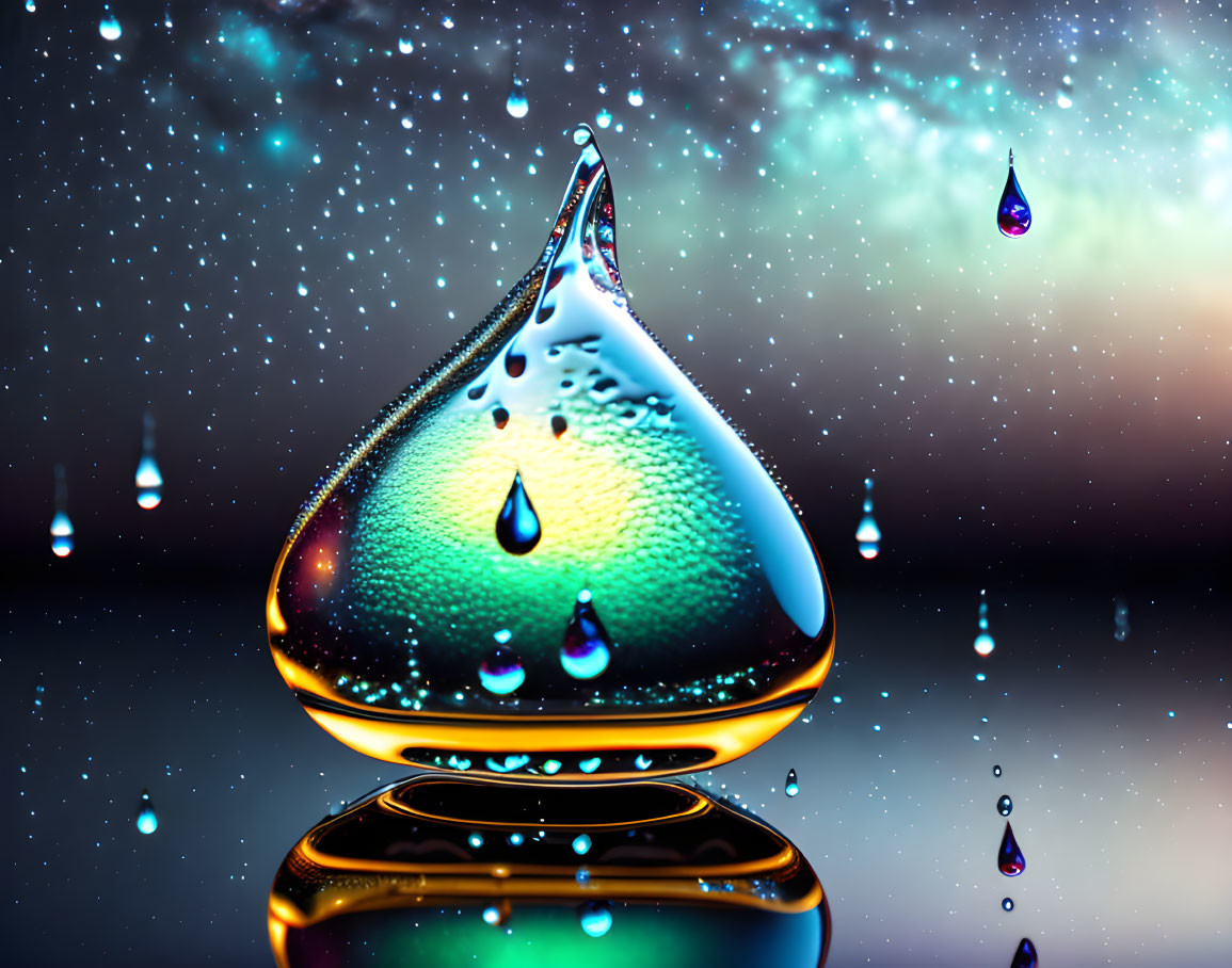 Colorful water droplet with refractive pattern against blue bokeh background.