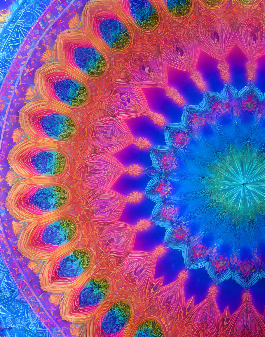 Colorful fractal art with peacock feather patterns in blue, orange, and pink.