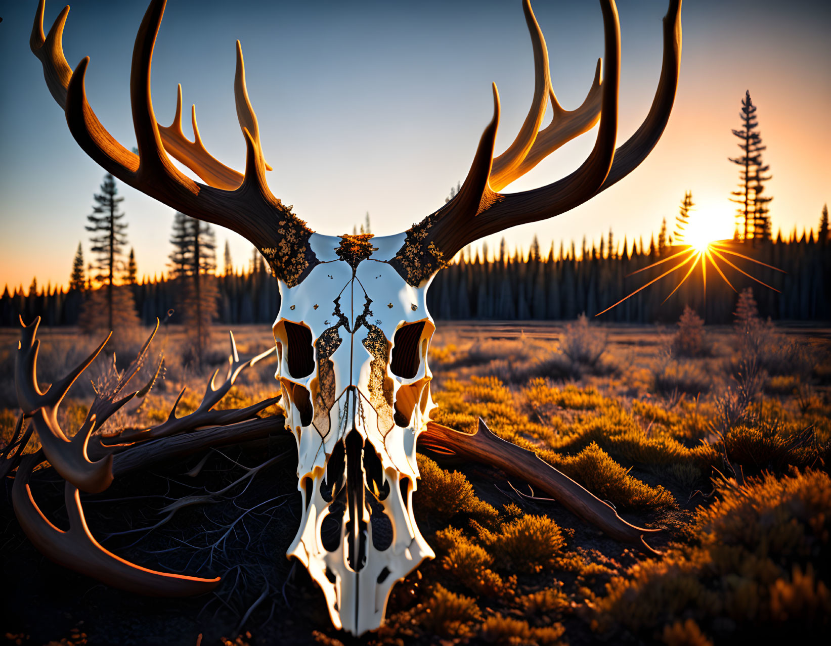 Symmetrical Stag Skull with Large Antlers in Sunset-lit Forest