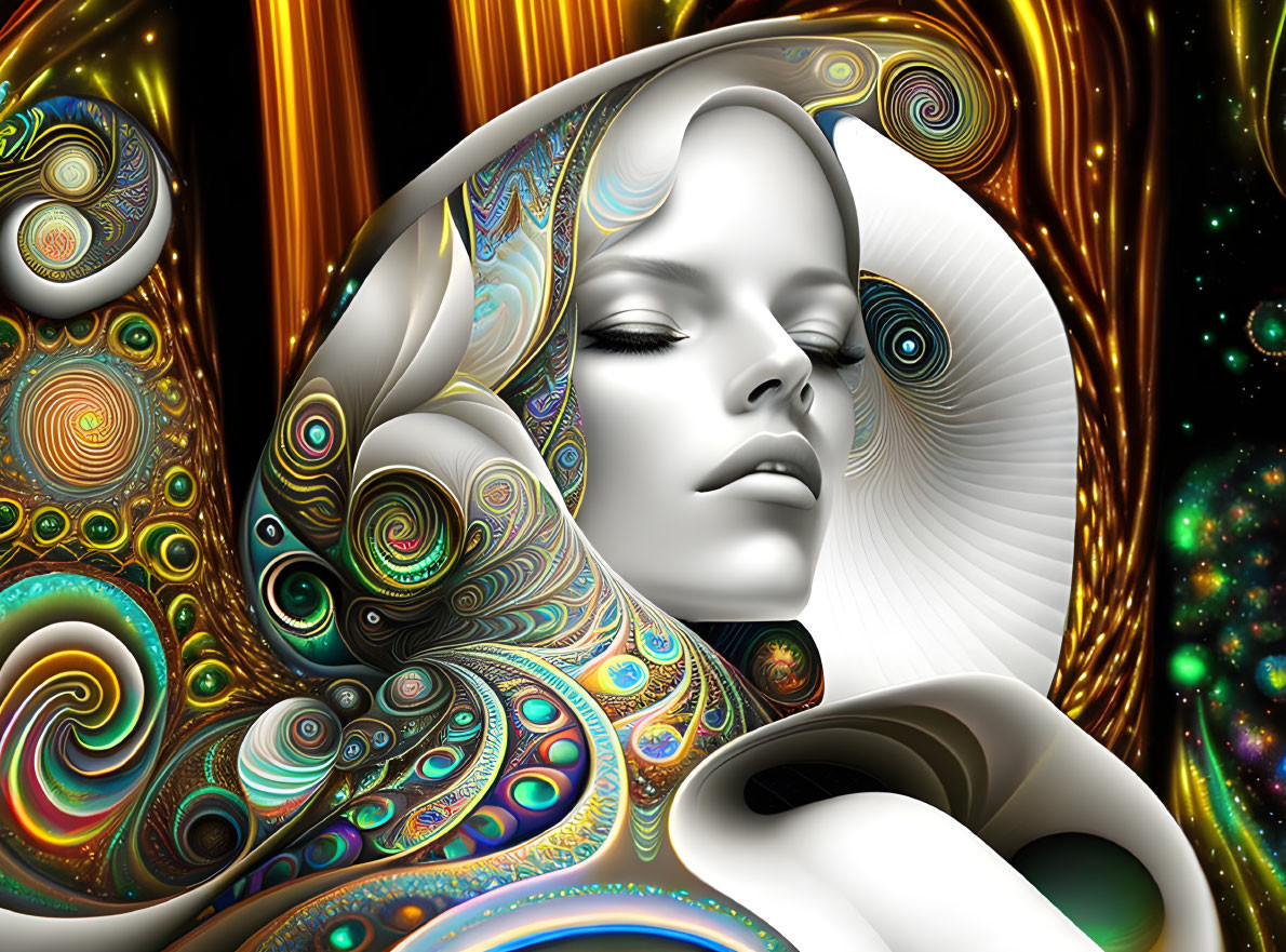 Abstract digital artwork of woman's face merging with cosmic patterns and vibrant colors