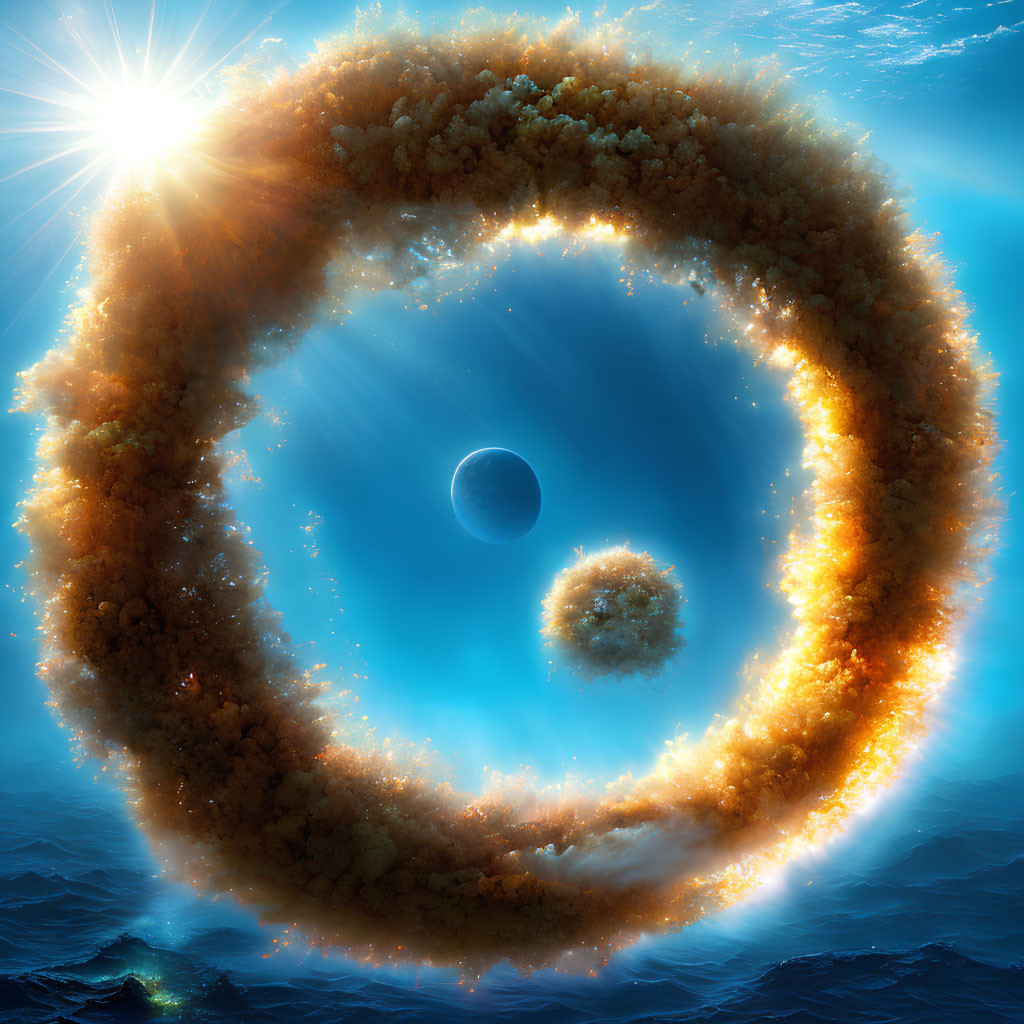 Sci-fi illustration: Fiery ring around blue planet in oceanic cloudscape