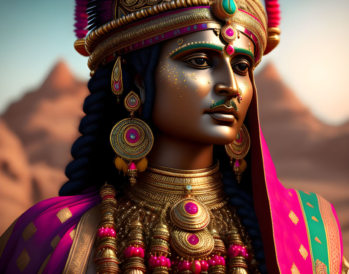 3D rendered image of woman in traditional Indian attire with pyramids in desert