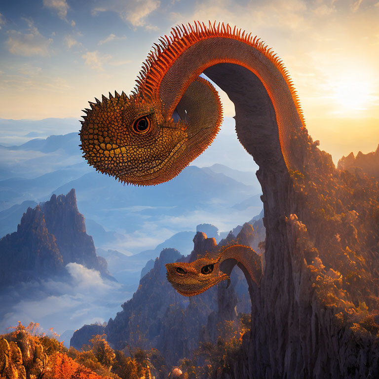 Digital Art: Intertwined Dragon-like Creatures on Cliff at Sunset