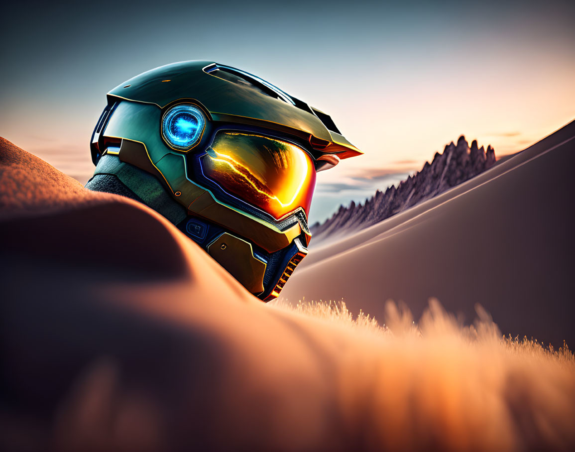 Futuristic helmet digital artwork with blue accents in desert landscape