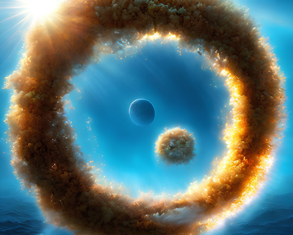 Sci-fi illustration: Fiery ring around blue planet in oceanic cloudscape