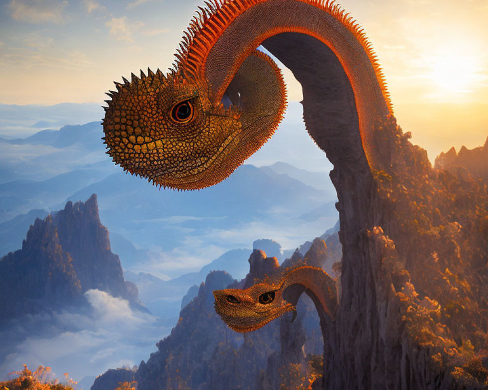 Digital Art: Intertwined Dragon-like Creatures on Cliff at Sunset