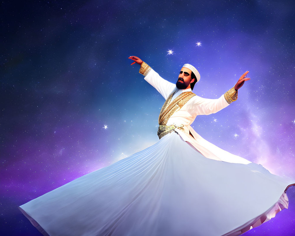 Traditional Sufi dancer in white and gold costume under starry sky with crescent moon.