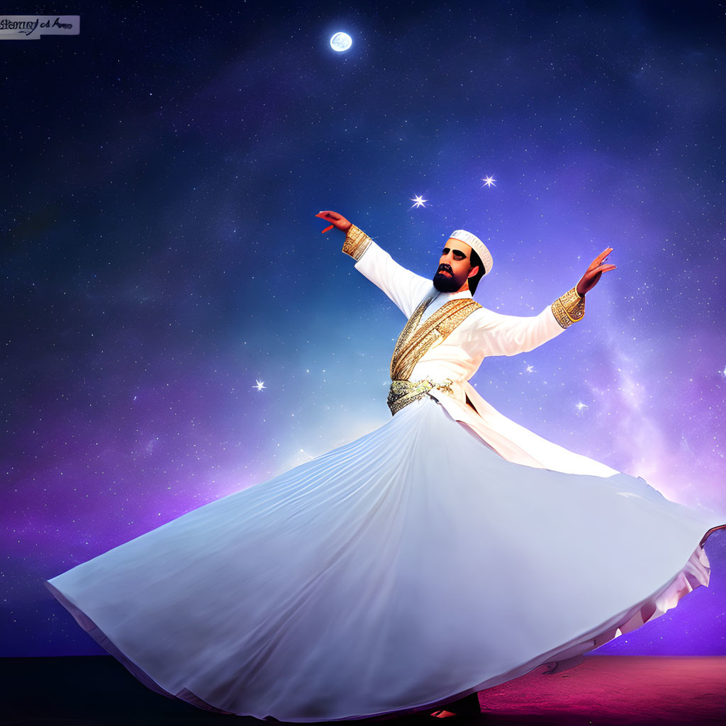 Traditional Sufi dancer in white and gold costume under starry sky with crescent moon.