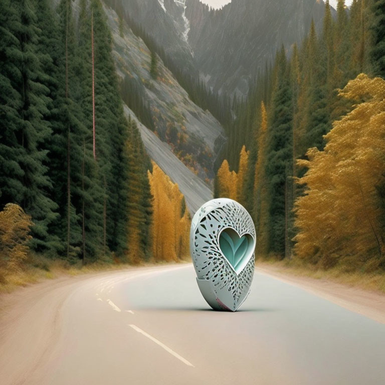 Intricate heart-shaped sculpture on forest road with autumn colors