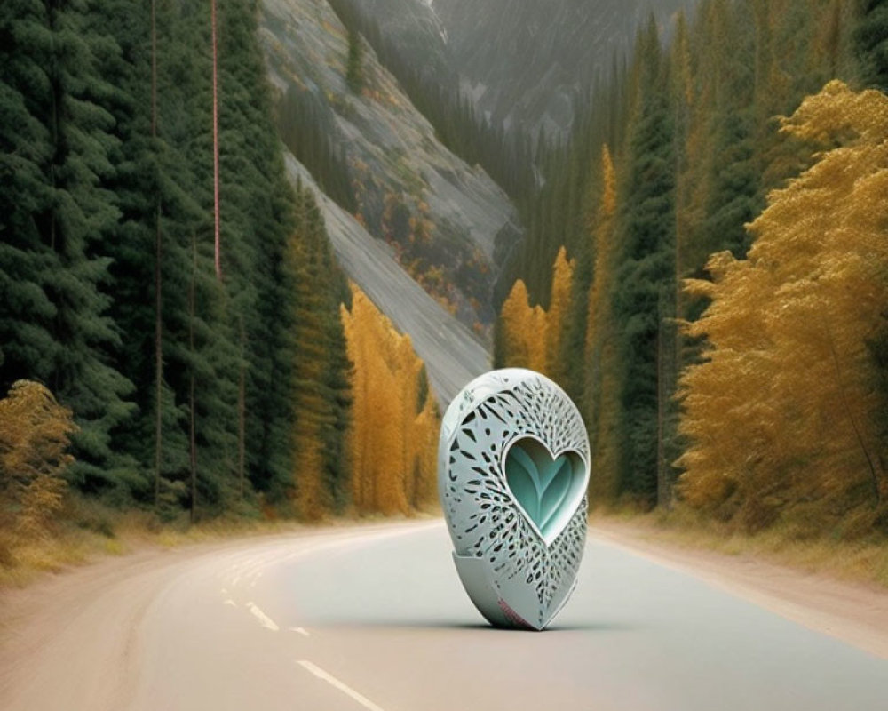 Intricate heart-shaped sculpture on forest road with autumn colors