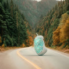 Intricate heart-shaped sculpture on forest road with autumn colors