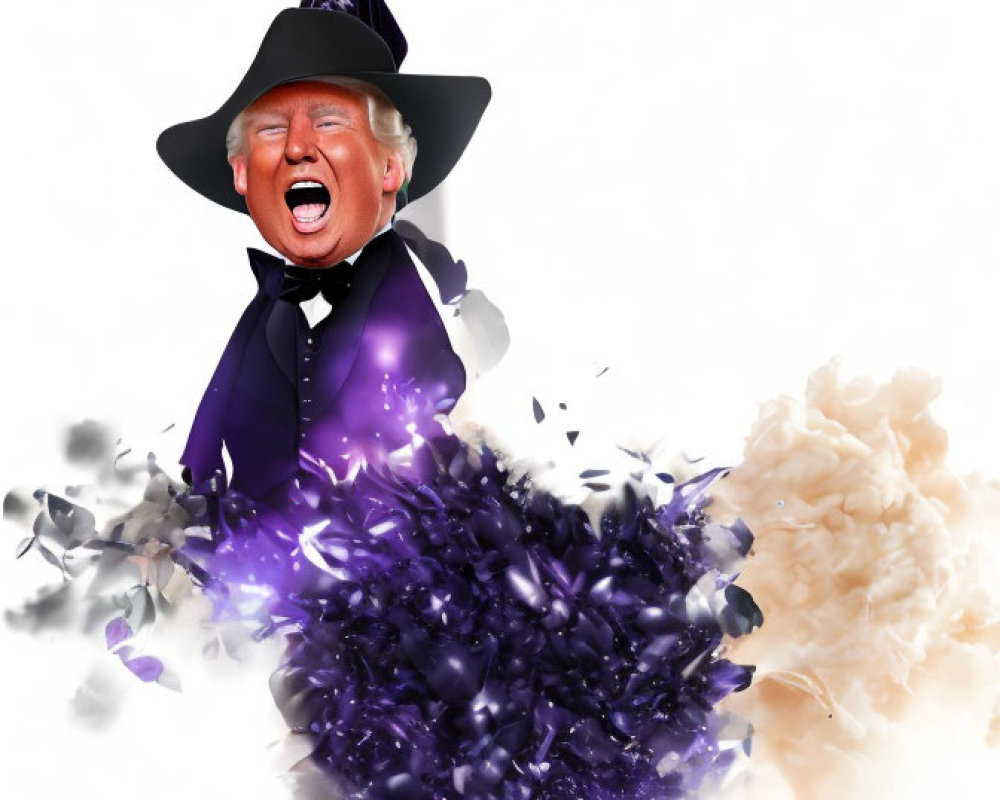 Man in witch's hat undergoing transformation with purple and white smoke.