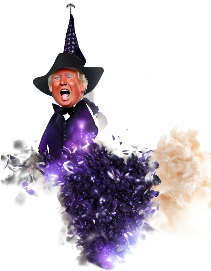 Man in witch's hat undergoing transformation with purple and white smoke.