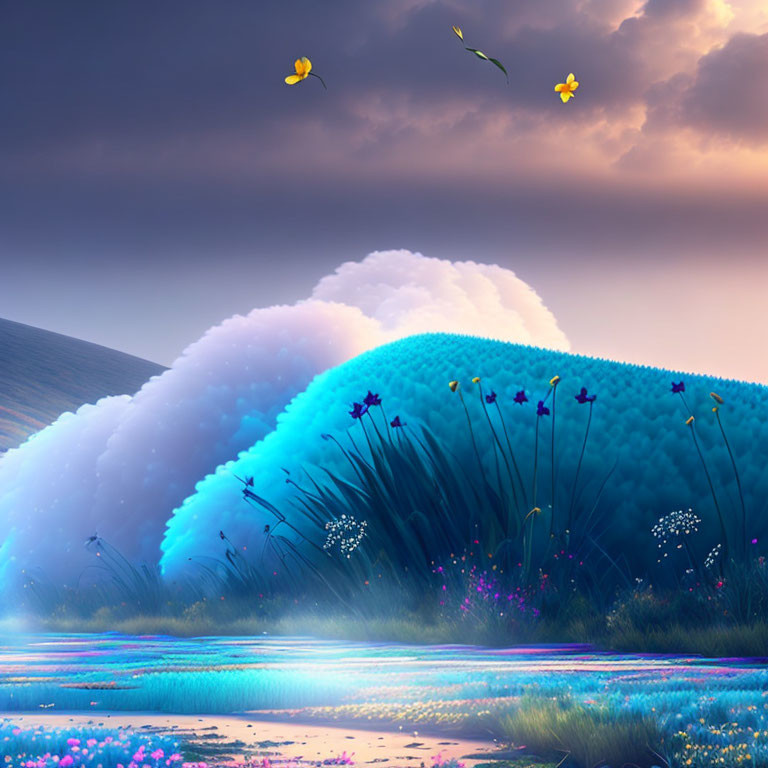 Vibrant surreal landscape: wave-like hills, purple sky, reflective water, butterflies, colorful flora