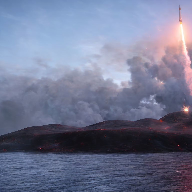 Rocket launching into twilight sky over tranquil sea with billowing smoke and glowing embers landscape