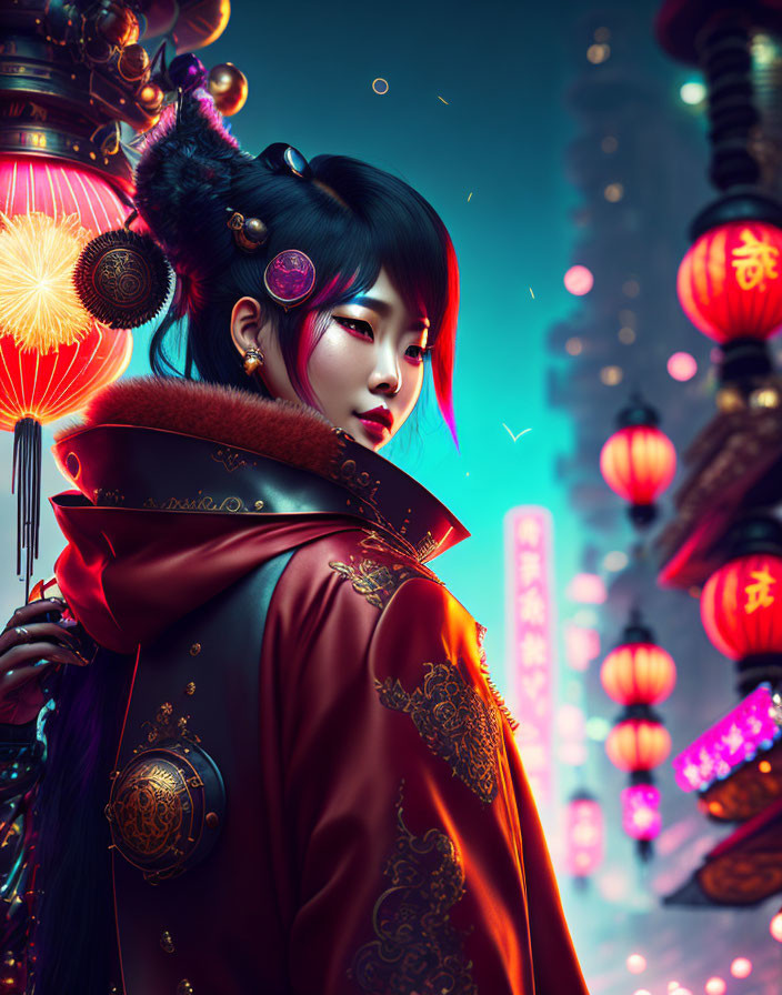 Traditional Asian Attire Woman Among Vibrant Lanterns