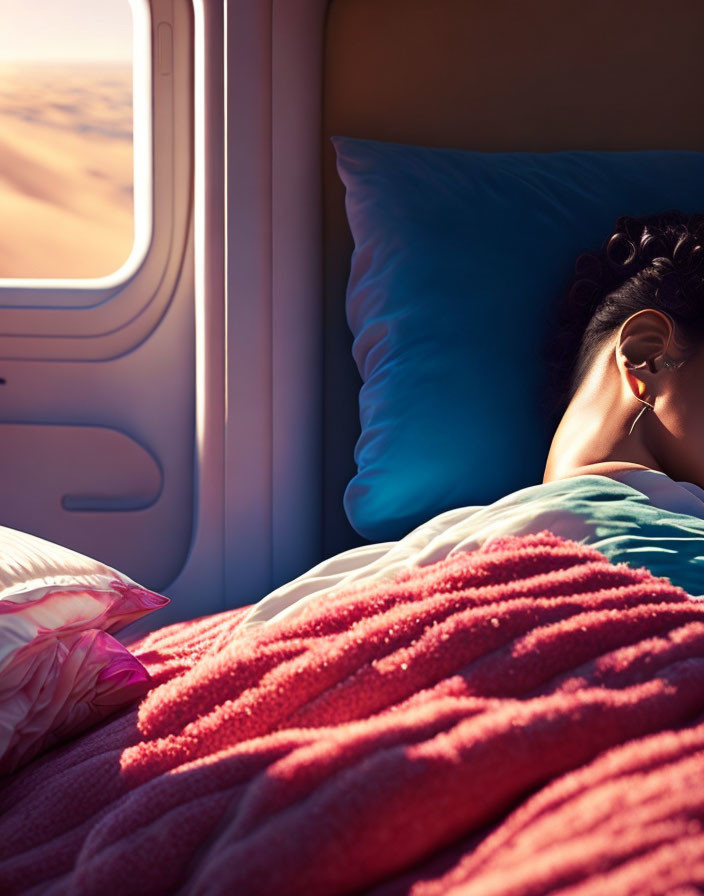 Passenger resting under coral blanket near airplane window at sunset