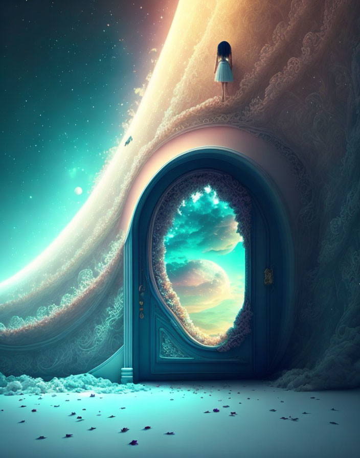 Girl standing at ornate door between indoor and surreal starry landscape