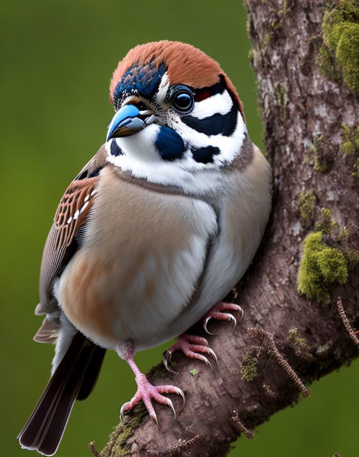 Colorful Bird with Speckled Chest and Blue Beak Perched on Mossy Branch