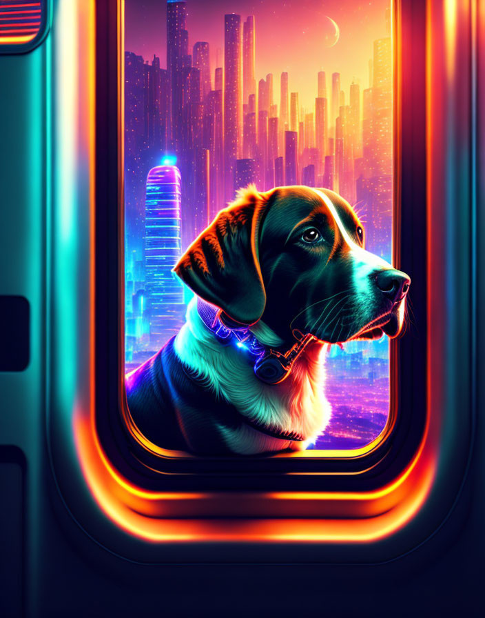 Glowing collar dog gazes at neon cityscape from spacecraft.