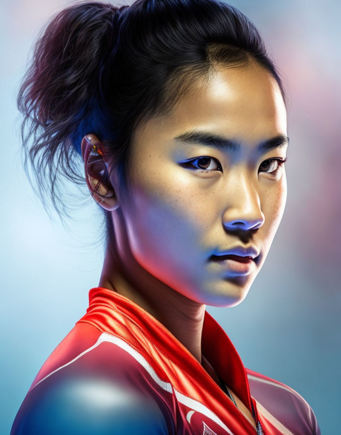 Young woman in athletic wear with ponytail and earbuds on blue gradient backdrop