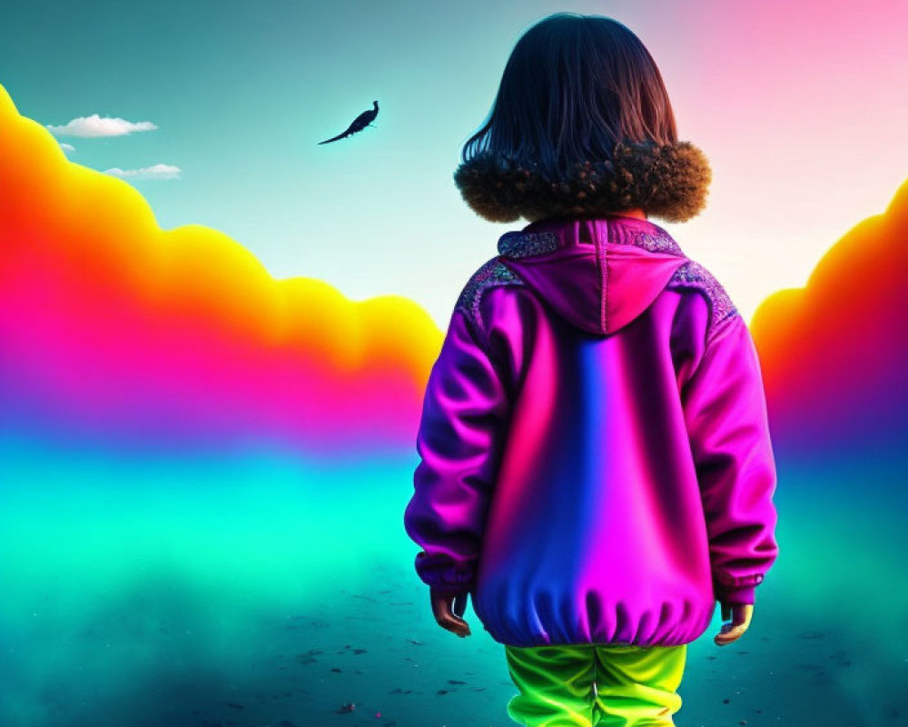 Child in Colorful Clothing Gazes at Surreal Neon Sky