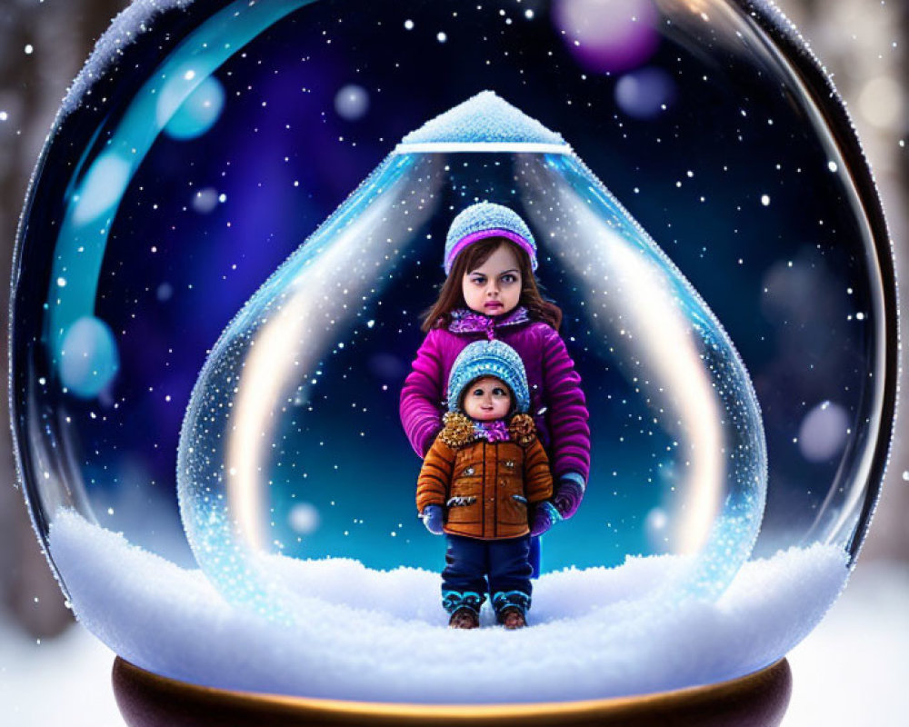 Children in large transparent snow globe with snowy backdrop