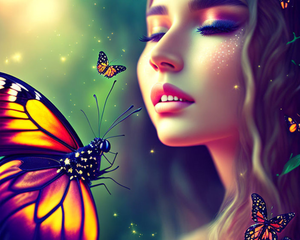 Woman with butterflies in mystical setting