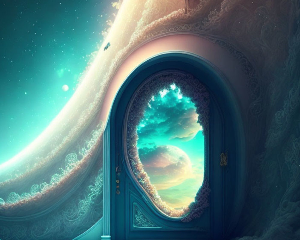 Girl standing at ornate door between indoor and surreal starry landscape