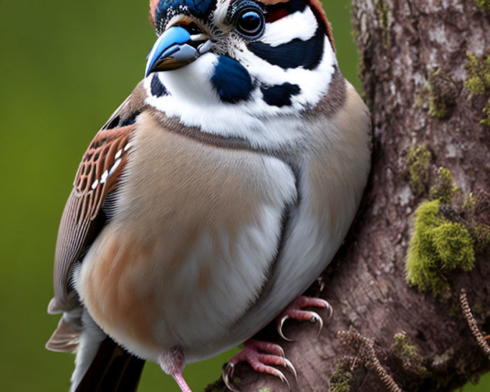 Colorful Bird with Speckled Chest and Blue Beak Perched on Mossy Branch