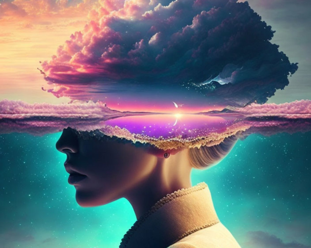 Surreal Woman Silhouette with Cosmic Landscape Portrait