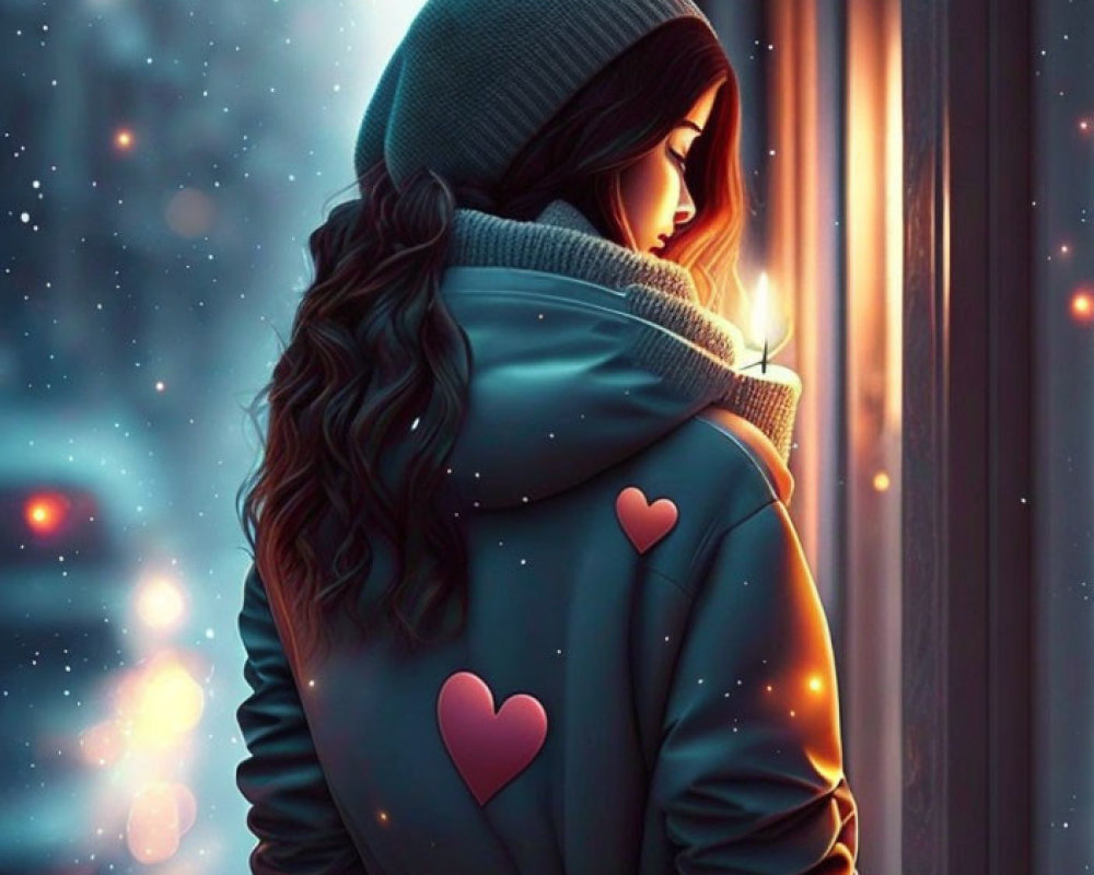 Woman in heart patch hoodie looking out window at snowflakes