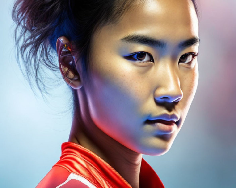 Young woman in athletic wear with ponytail and earbuds on blue gradient backdrop