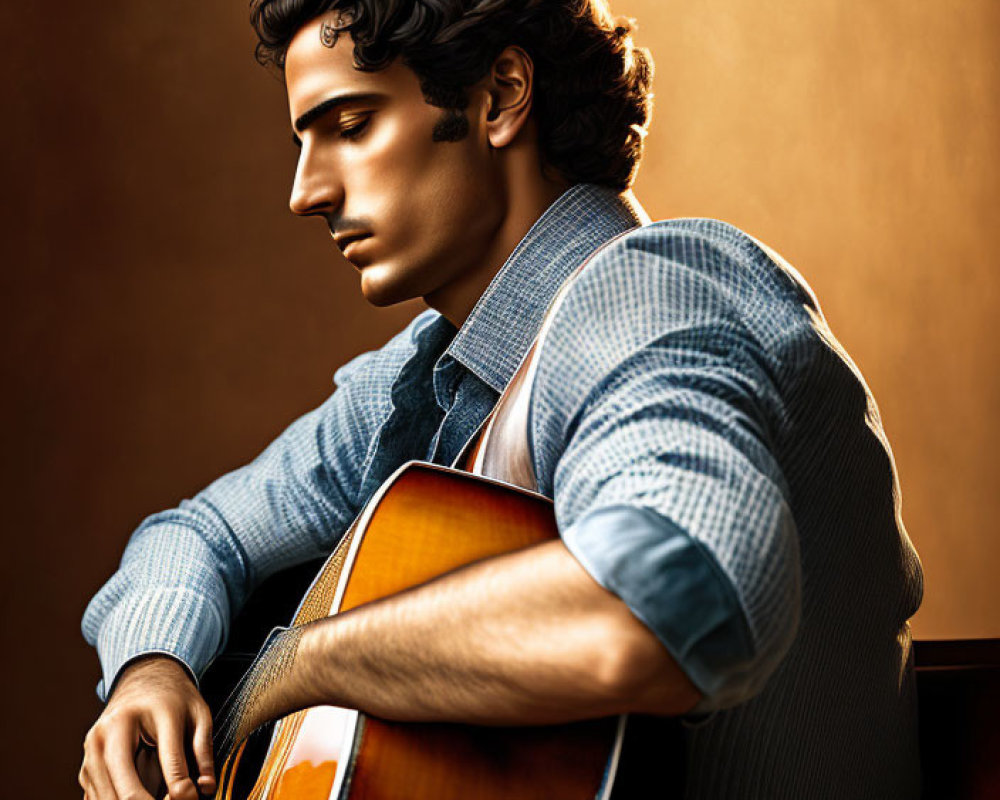 Curly Haired Man Playing Acoustic Guitar in Blue Shirt