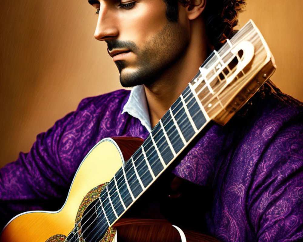 Dark-Haired Man Holding Classic Guitar in Purple Shirt