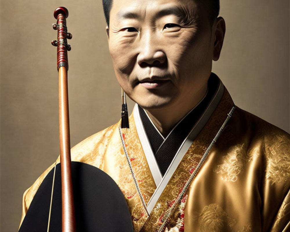 Traditional Asian man with stringed instrument on gold backdrop