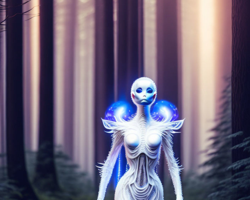 Sleek white alien with blue accents in misty forest among tall trees