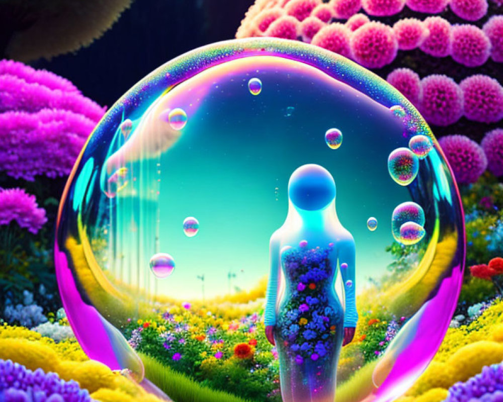 Silhouette in vibrant bubble with colorful flora under dream-like sky