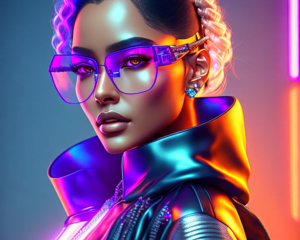 Neon Pink and Blue Digital Art Portrait of Woman with Stylish Sunglasses